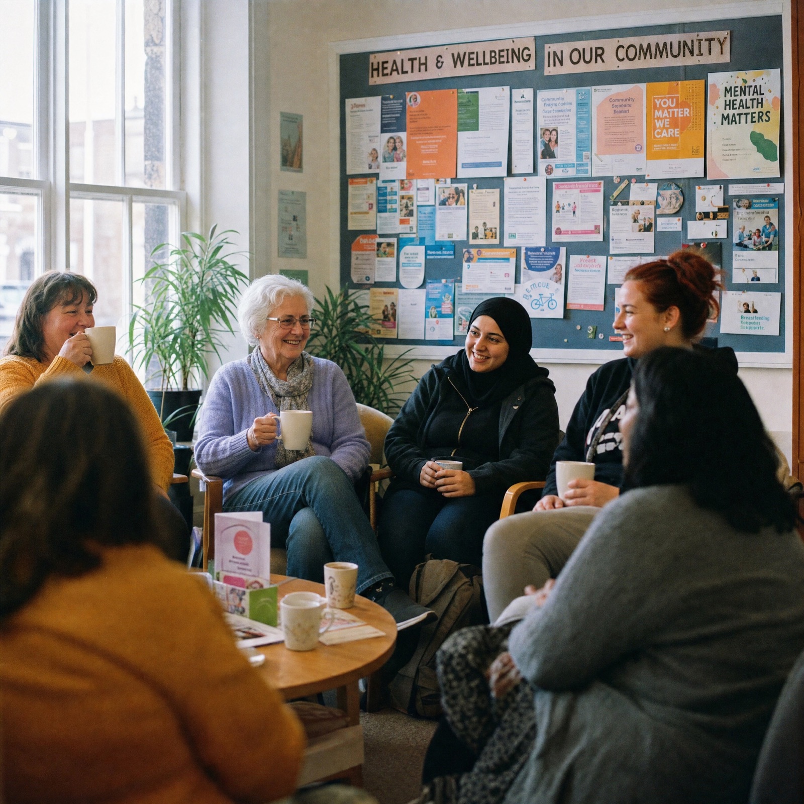Adults seated in a warm Scottish community hall in the evening, a facilitator at the front