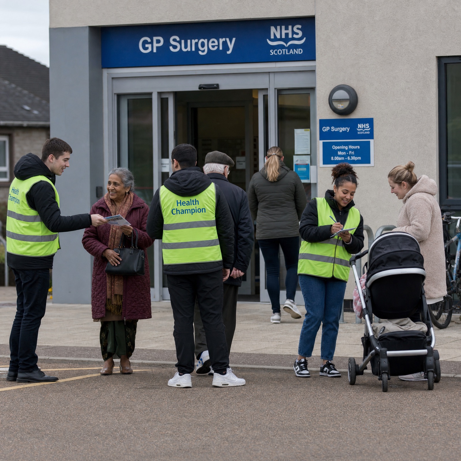 Volunteers chatting outside a red-brick community centre